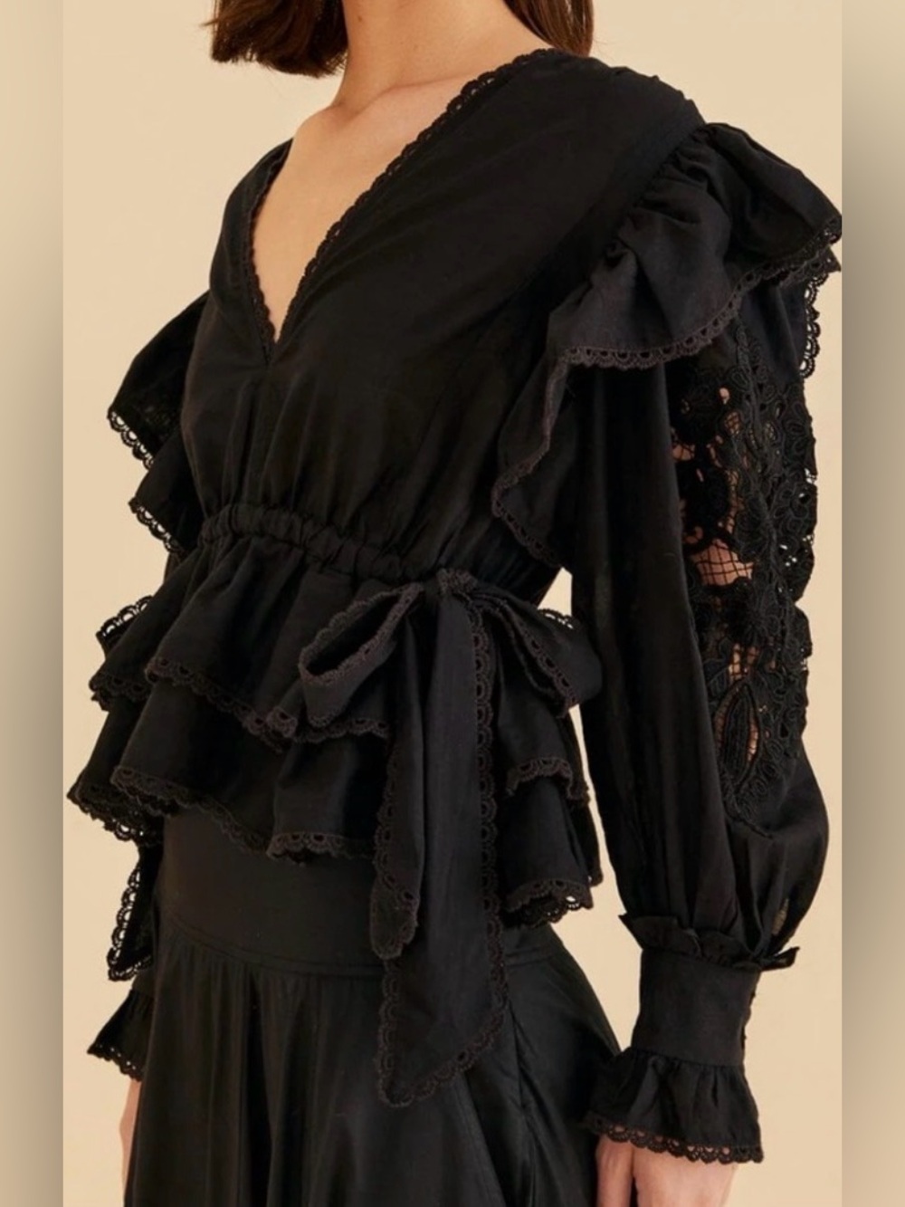 FARM Rio Black Long-Sleeve Ruffled V-Neck Blouse - Picture 3 of 4